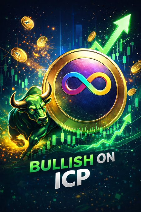 A crypto-themed graphic showing a golden coin with an infinity symbol, a green bull, and an upward arrow with the text 'BULLISH ON ICP'.