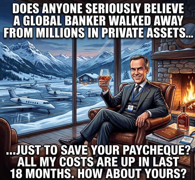An AI-generated meme shows a smiling banker in a suit sitting by a fireplace with private jets outside, with the text: 'DOES ANYONE SERIOUSLY BELIEVE A GLOBAL BANKER WALKED AWAY FROM MILLIONS IN PRIVATE ASSETS... ...JUST TO SAVE YOUR PAYCHEQUE? ALL MY COSTS ARE UP IN THE LAST 18 MONTHS. HOW ABOUT YOURS?'