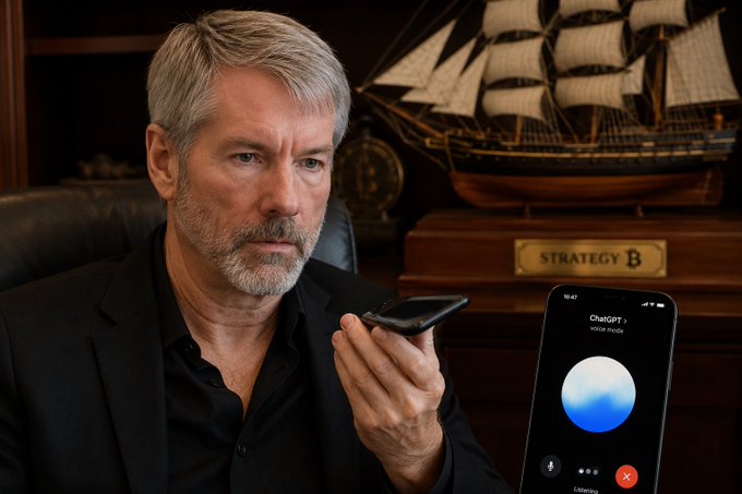 A gray-haired, bearded man in a dark blazer holds a smartphone while speaking to ChatGPT voice mode; a model ship and a wooden plaque reading "STRATEGY B" are visible in the background.