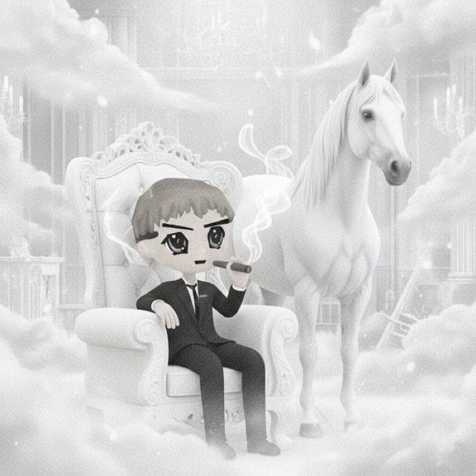The image features a man sitting in an ornate chair, smoking a cigar while wearing a suit. Behind him, there's a white horse standing next to a building with a chandelier hanging from the ceiling. The scene appears to be set against a cloudy sky or a foggy background, giving it a dreamy and whimsical atmosphere. In the image, there is also text that reads "neet coin will look so good at $8". This suggests that the man's attire and the horse might be associated with an upcoming event or gathering where they could potentially be featured in some way.