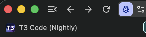A cropped screenshot of the Helium browser's top bar on macOS, showing window controls, navigation buttons, a highlighted bug icon (replacing the old ChatGPT debugging banner), and a "T3 Code (Nightly)" extension tab — illustrating the cleaner UI mentioned in the post.
