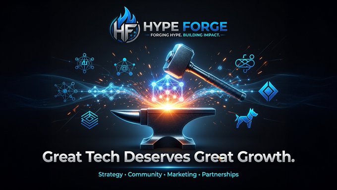 A promotional graphic for "Hype Forge" features a glowing hammer striking an anvil, surrounded by Web3 and AI icons, with the tagline "Great Tech Deserves Great Growth" and service areas listed as "Strategy • Community • Marketing • Partnerships." The imagery reinforces the post's message by visually symbolizing how Hype Forge forges visibility and momentum for strong Web3 products that would otherwise go unnoticed, turning innovative technology into sustainable growth through strategic distribution rather than empty hype.