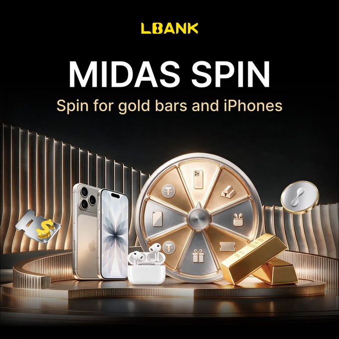 A promotional graphic for LBANK's "MIDAS SPIN" promotion with the tagline "Spin for gold bars and iPhones," featuring a prize wheel surrounded by gold bars, iPhones, and AirPods Pro, visually representing the Midas Touch rewards campaign described in the post.