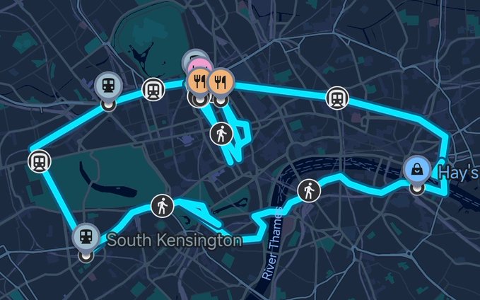 A stylized map showing a running/cycling route traced in cyan through South Kensington and across the River Thames in London, marked with train, dining, and pedestrian icons.