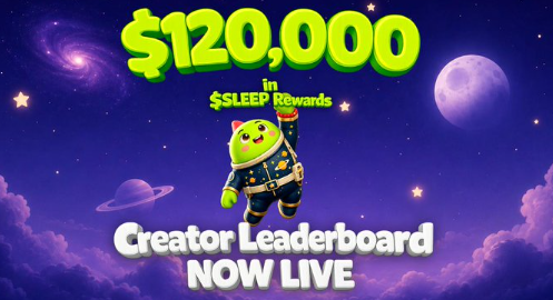 The image features a poster for a new game called "Creator Leaderboard Now Live", which is designed to reward players with sleep tokens, allowing them to improve their sleeping habits by tracking their sleep patterns and providing real rewards based on their performance. The poster includes an illustration of a cute green alien character wearing a blue suit, holding up the words "SLEEP RIGHTS" in front of it.
