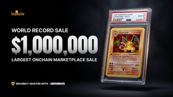 An advertisement for 'bigezie' announcing a 'WORLD RECORD SALE' of '$1,000,000' for a graded PSA 10 1st Edition Holographic Charizard Pokémon card, labeled as the 'LARGEST ONCHAIN MARKETPLACE SALE' securely vaulted with BRINKS.