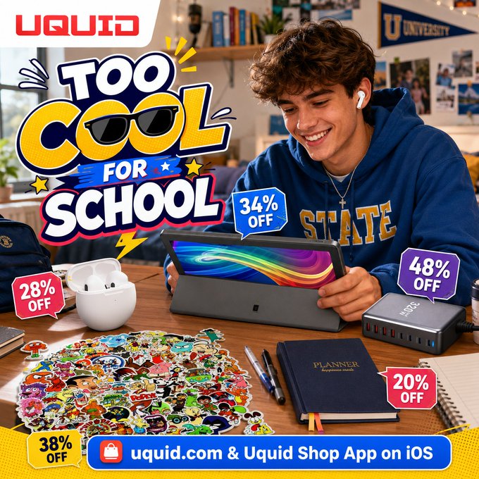 An advertisement for "UQUID" featuring a smiling young man looking at a tablet, surrounded by school supplies and discount tags like "34% OFF", "28% OFF", and "48% OFF", with the slogan "TOO COOL FOR SCHOOL".