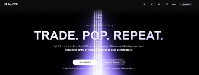 Screenshot of the PopDEX website homepage featuring the tagline "TRADE. POP. REPEAT." and describing the platform as a Perp DEX focused on capital efficiency, with options to join a waitlist or launch the app.