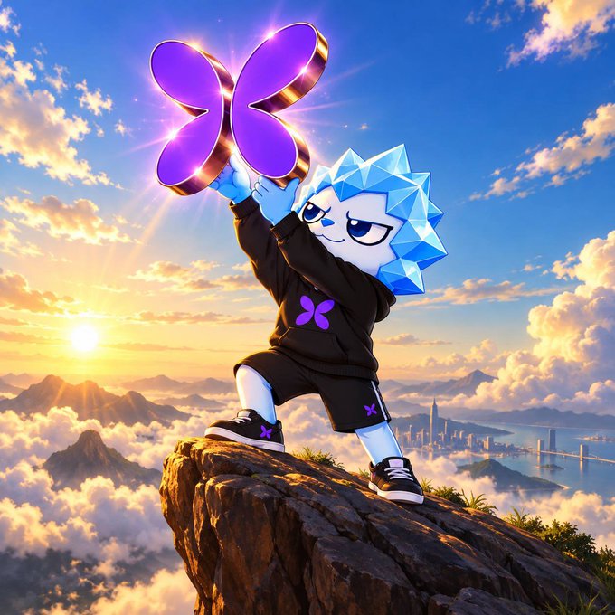 An anime-style character with crystalline blue hair wearing a black hoodie stands triumphantly on a mountain peak at sunset, holding up a large purple butterfly-shaped emblem, with a cityscape visible in the background.