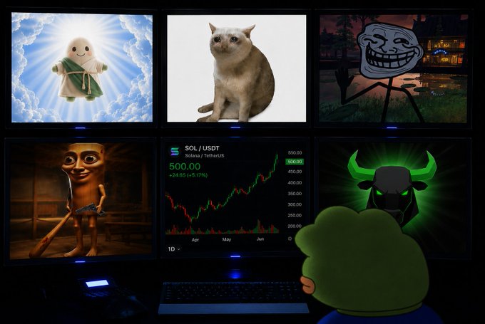 A person watches six monitors displaying various memes (a heavenly blob figure, a white cat, a trollface, a cursed figure, a green bull, and a green blob), alongside a Solana (SOL/USDT) trading chart showing a price of 500.00 with a +24.80 (+5.17%) gain, illustrating the bullish crypto market sentiment referenced in the post.