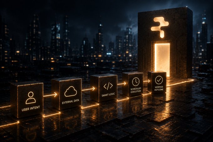 A stylized digital artwork showing a workflow diagram with illuminated blocks connected by arrows, labeled "USER INTENT," "EXTERNAL DATA," "SMART LOGIC," "SCHEDULED EXECUTION," and "VERIFIED OUTCOME," leading to a glowing doorway with a logo, set against a city skyline at night.
