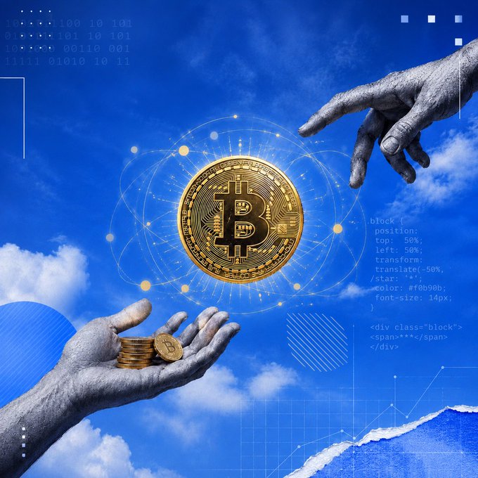 A large golden Bitcoin coin hovers in a blue sky between a stone-like hand reaching down from above and a hand below holding a stack of smaller coins, surrounded by digital code, network nodes, and trading charts. The imagery visually echoes the post's theme of Bitcoin's scarcity-driven growth, with the outstretched hands symbolizing the passage and exchange of value across the 100x price increase from ~$650 to ~$62,000 over the past decade.