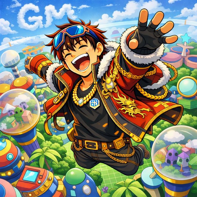 A joyful anime-style character with red hair and goggles wearing an ornate red jacket with gold chains jumps energetically against a colorful sky with "GM" spelled out in clouds, perfectly matching the bullish "Can I get a GM?" crypto greeting sentiment. The vibrant scene features playful miniature worlds in bubbles below, reinforcing the celebratory, good-morning crypto community vibe.