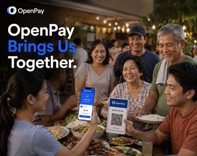 A promotional ad for 'OpenPay' displaying 'Brings Us Together.', featuring people at a gathering using the payment app.