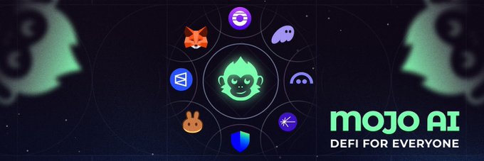 A dark promotional graphic for "mojo AI" with the tagline "DEFI FOR EVERYONE," featuring various app icons including a central green flame-mascot character.
