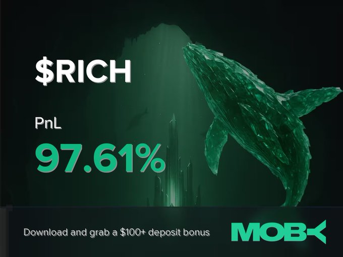 In this image, there is a green sculpture of a whale that is floating above a dark background with the words "RICH" written above it and "PNL" below it. The ocean-themed artwork depicts an underwater whale swimming across the screen in front of some buildings. The image also includes text that reads about trading on Moby Mobile, providing information about the trade, including how much money was involved, the PnL (profit & loss), and whether there's a deposit bonus. A post has been created to share this information with the public.