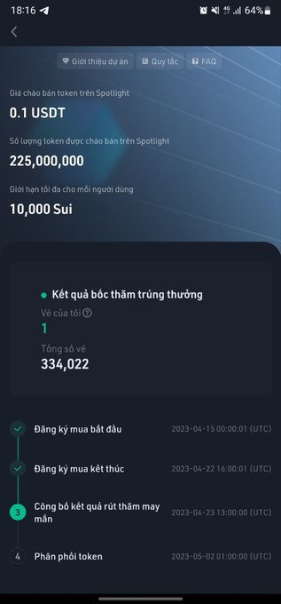A Vietnamese-language Sui token sale interface showing '0.1 USDT' sale price, '225,000,000' total tokens, '10,000 Sui' fundraising goal, and lottery results showing 'Vẽ của tôi' won.