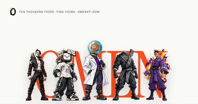 Five diverse character designs stand in a line in front of large red letters, with the header 'TEN THOUSAND FACES · FIND YOURS · OMENATI.COM' at the top left.