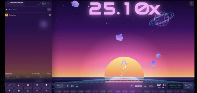 Screenshot of a crypto crash gambling game (Testnet Wallet) showing a 25.10x multiplier at the moment of crash, with a retro synthwave sunset aesthetic.