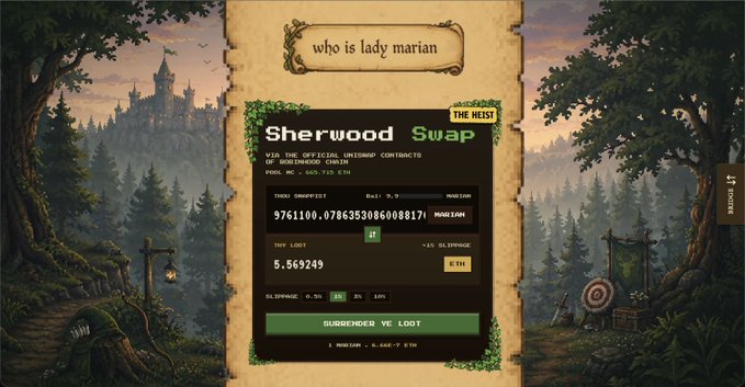 A medieval Robinhood-themed landing page titled "Sherwood Swap" displays the question "who is lady marian" at the top, alongside a "THE HEIST" badge, with on-chain contract data showing token statistics including "9761100" total supply, "5.569249" TMP loot, and a contract address "0xC0f0cbCb5e66eE52C58Baa40B800f7D2E3a66F35." The image humorously visualizes the leak of Robinhood's upcoming Layer 2 Chain, presenting its RPC and contract details through a Robin Hood-themed interface rather than a typical blockchain explorer.