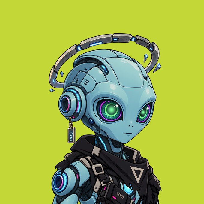 A digital illustration of a light blue robot with large purple and green eyes, wearing black headphones with blue accents and a black vest with a 'VOID' label, set against a solid yellow-green background.