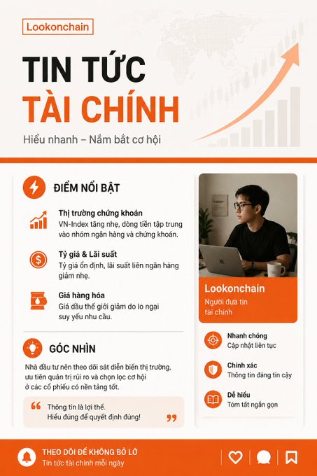 A Vietnamese-language infographic titled 'TIN TỨC TÀI CHÍNH' (Financial News) by Lookonchain, highlighting market news, savings interest rates, and commodity prices, with a photo of a person on a laptop and a quote praising the information.