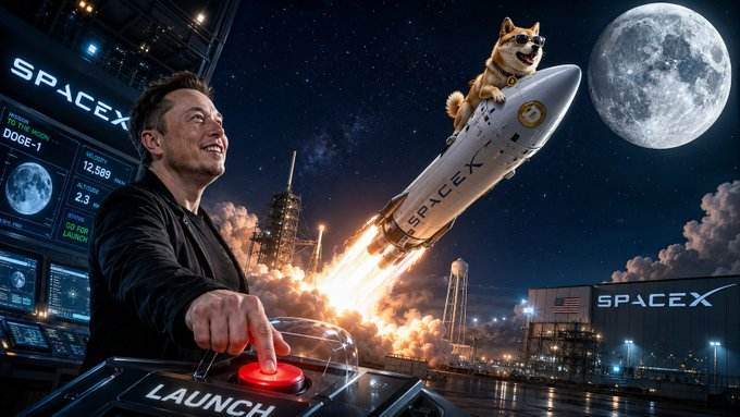 A composite image showing Elon Musk pressing a 'LAUNCH' button, with a SpaceX rocket lifting off, a Shiba Inu dog in a spacesuit riding the rocket, and the moon in the background.