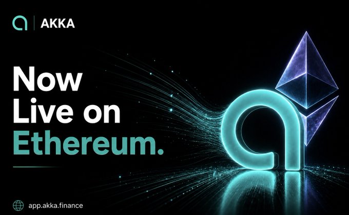 The image is a promotional graphic with a dark background featuring a glowing teal "a" logo alongside the purple Ethereum diamond symbol, with text reading "AKKA - Now Live on Ethereum." and the URL "app.akka.finance" at the bottom. The visual reinforces the post's announcement of AKKA's launch on Ethereum, highlighting the brand identity and the blockchain integration being promoted.