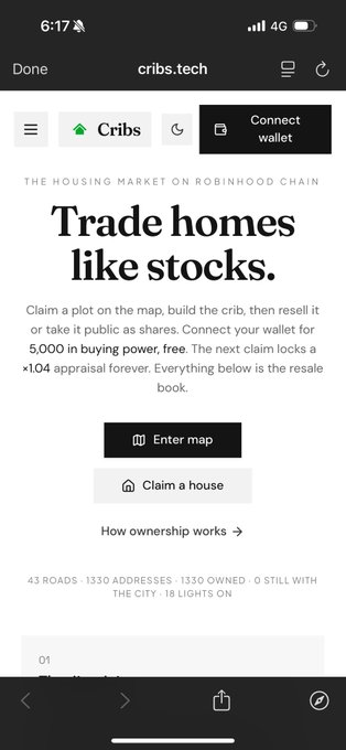 Screenshot of the cribs.tech website ("The Housing Market on Robinhood Chain") featuring the tagline "Trade homes like stocks" with 43 roads, 1330 addresses, 1330 owned, and 0 still with the city in Robinhood, illustrating the crypto housing project the poster calls a solid, cool innovation.