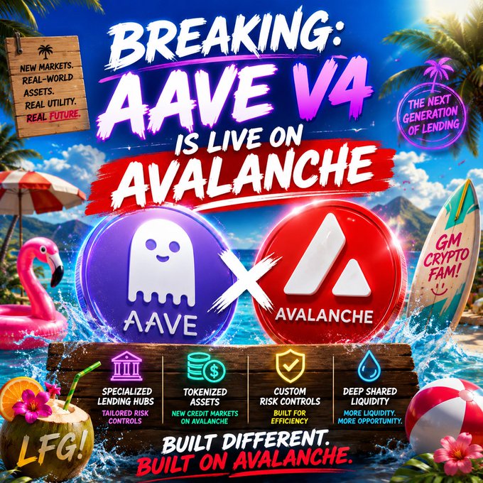 A promotional graphic announces 'BREAKING: AAVE V4 IS LIVE ON AVALANCHE' featuring the AAVE and Avalanche logos with a tropical beach theme.
