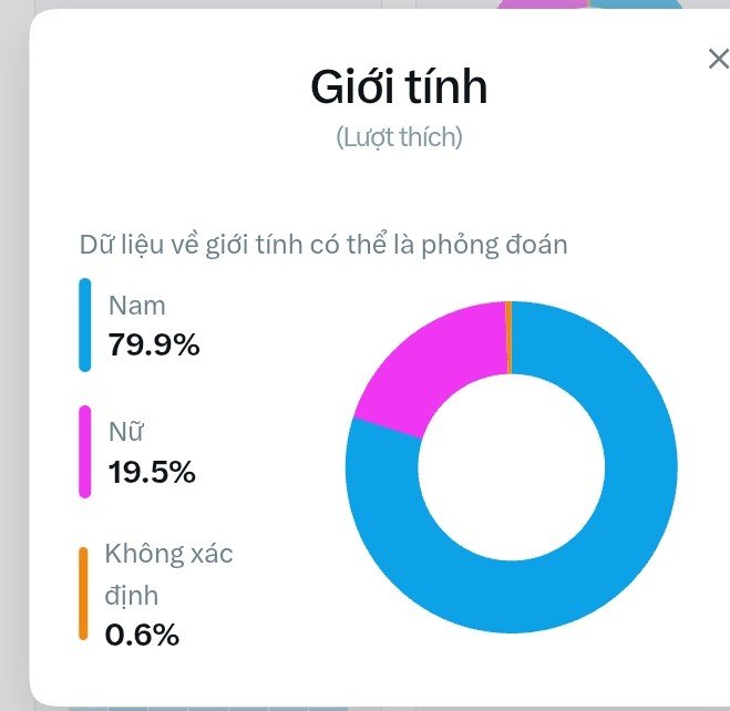 A Vietnamese language demographic chart titled 'Giới tính' (Gender) showing estimated gender distribution: Nam (Male) 79.9%, Nữ (Female) 19.5%, and Không xác định (Undetermined) 0.6%.