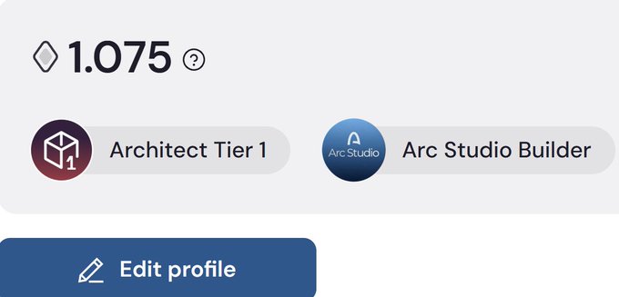 A profile page showing '1.075' points, with badges labeled 'Architect Tier 1' and 'Arc Studio Builder', plus an 'Edit profile' button.