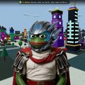 A 3D animated turtle character wearing armor and a red and white striped outfit, set against a cityscape backdrop.
