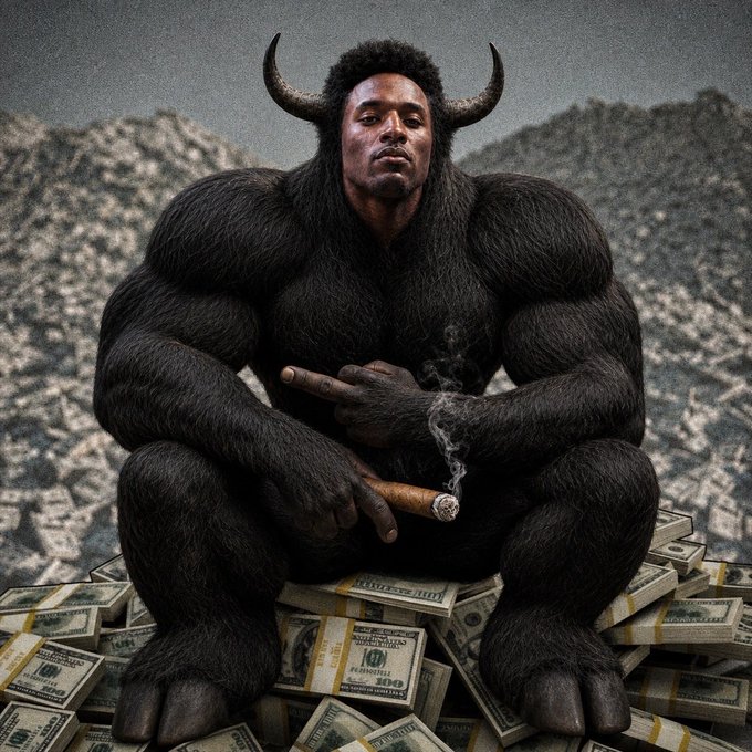 The image features a muscular man with horns sitting atop stacks of money, holding a cigar in his hand. The caption for the image reads "Ansem is days away from 1M followers. His engagement is higher than peak 2024 levels, and he's single-handedly trying to save Solana and bring life back to the trenches @blknoiz06". This post seems to be promoting a product or service related to money management or investing in the stock market.