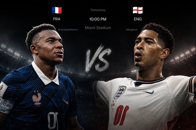 The image is a promotional match-up graphic featuring football players Kylian Mbappé in a France (FRA) jersey and Jude Bellingham in an England (ENG) jersey, facing off against a stadium backdrop. The text indicates the match is scheduled for "Tomorrow 10:00 PM" at "Miami Stadium," aligning with the post's anticipation for a France vs. England game prediction using the @YupNupApp.