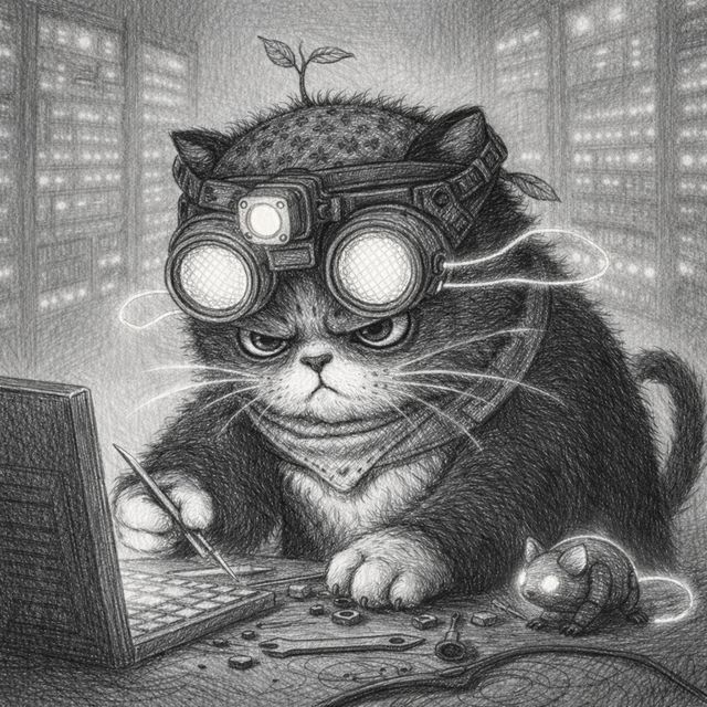 A detailed pencil drawing of a cute cat wearing steampunk goggles and a bandana with a small leaf on its head, working on a laptop with tools scattered around, while a small mouse sits nearby.