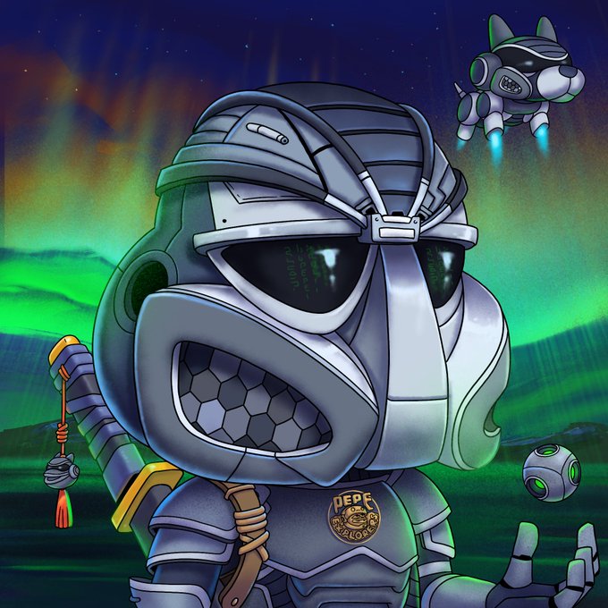A digital illustration of a futuristic armored character with a samurai helmet, wearing a 'PEPE DRAGON BALL' patch, set against an aurora-lit landscape with a small robot companion and floating sphere.