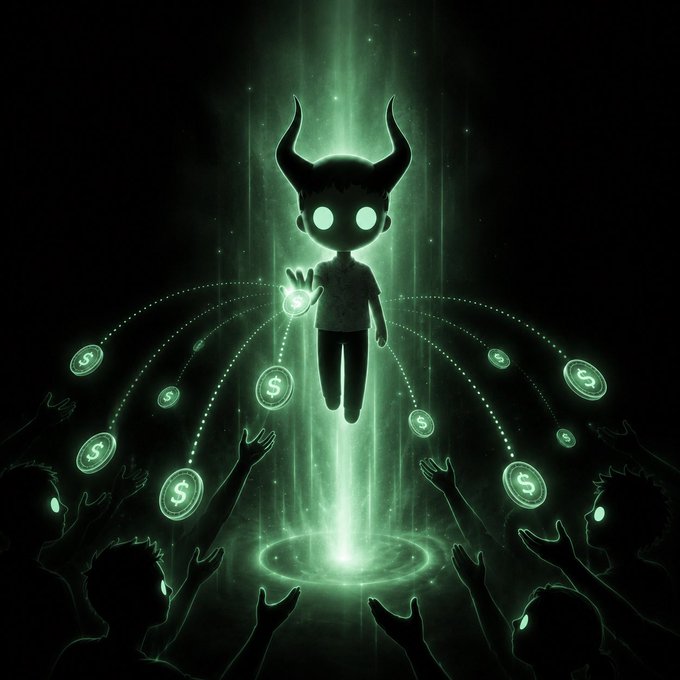 The image depicts a dark, demonic horned figure with glowing green eyes hovering above a swirling green portal, distributing glowing dollar-sign coins to a crowd of reaching hands below. It visually represents the social media post's promise of an airdrop, portraying the influencer "$ANSEM" as an otherworldly entity bestowing crypto tokens on followers who submit their Solana wallet addresses.