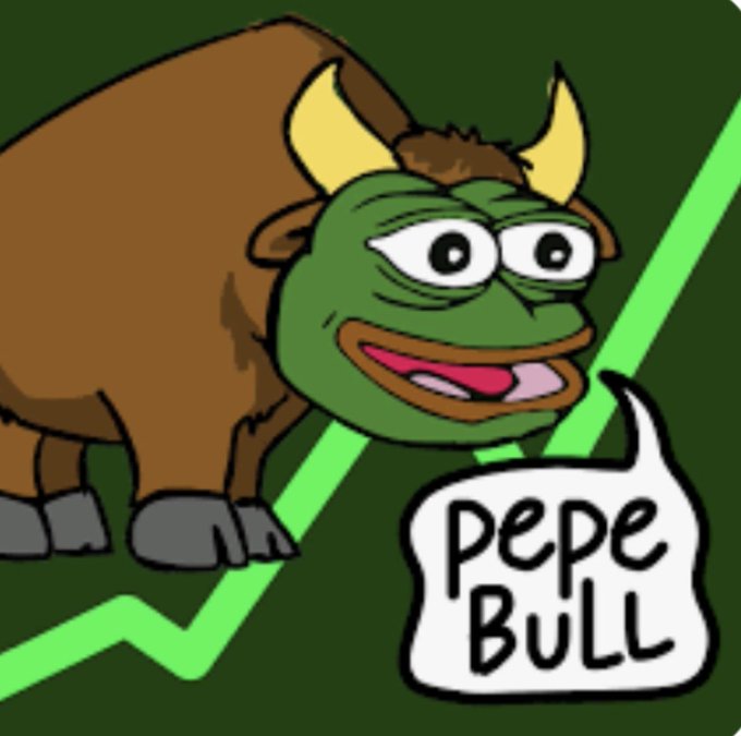A cartoon illustration of a green-faced frog character with a brown bull body, labeled 'Pepe Bull', positioned in front of an upward-trending green line graph on a dark green background.