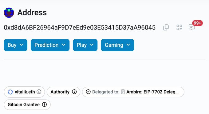 The image shows an Ethereum address (0xd8A6BF26964aF9D7eEd9e03E53415D37A96045) with ENS name "vitalik.eth," tagged as an Authority and Gitcoin Grantee, with delegation set to Ambire's EIP-7702 Delegation. This appears to reference Vitalik Buterin's wallet, supporting the post's thesis about $WALLET (an EVM wallet project) by associating it with Ethereum's founder, suggesting credibility and alignment with Ethereum's privacy-focused developments.