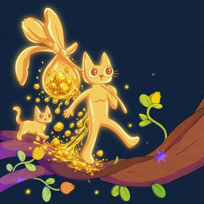 Two glowing golden cats—one large and one small—stride across a wooden branch in the dark, trailing a cascade of golden spheres spilling from a tied sack carried by the bigger feline. The whimsical, magical scene visually echoes the post's playful crypto metaphor, with the radiant cats literally "shitting gold" as a cheeky representation of bullish token incentives and HODL rewards.