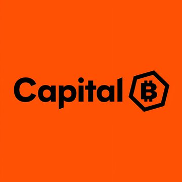 An orange graphic with bold black text reading 'Capital' alongside a Bitcoin (B) logo enclosed in a hexagon.