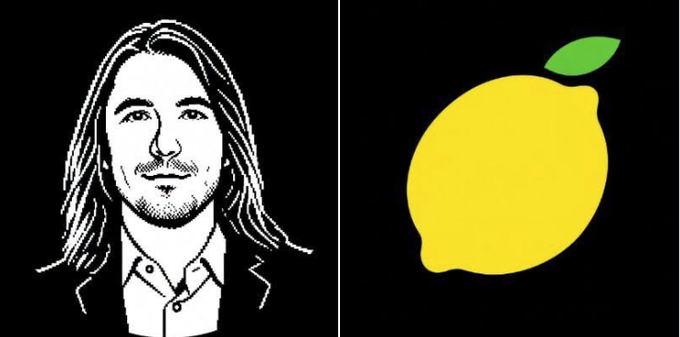 A side-by-side black background image featuring a white line drawing of a long-haired man on the left and a yellow lemon with a green leaf on the right, representing the Lemon cryptocurrency founders.
