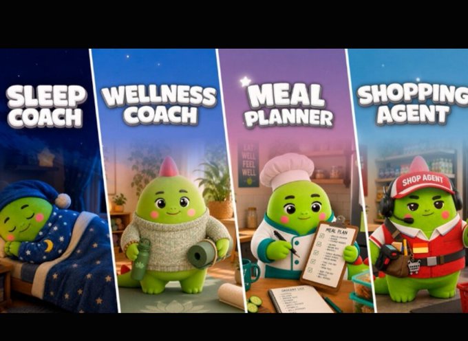 Four illustrated green character mascots labeled 'SLEEP COACH', 'WELLNESS COACH', 'MEAL PLANNER', and 'SHOPPING AGENT', each in themed attire and settings.