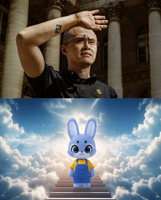 A man shields his eyes from the sun while standing in front of classical architecture, paired below with a cheerful blue cartoon bunny standing on a staircase of clouds under a bright sky. The post celebrates exceeding 430 BNB in donations to Giggle Academy, with the bunny mascot likely representing the project's mascot and the bright, uplifting imagery conveying optimism and excitement for the upcoming week.