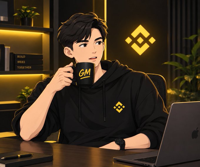 An anime-style illustration of a young man in a black hoodie holding a black mug with 'GM' on it, sitting at a desk with a laptop, featuring a yellow Binance logo in the background and on his hoodie, alongside books reading 'BUILD WEB3 TOGETHER.'