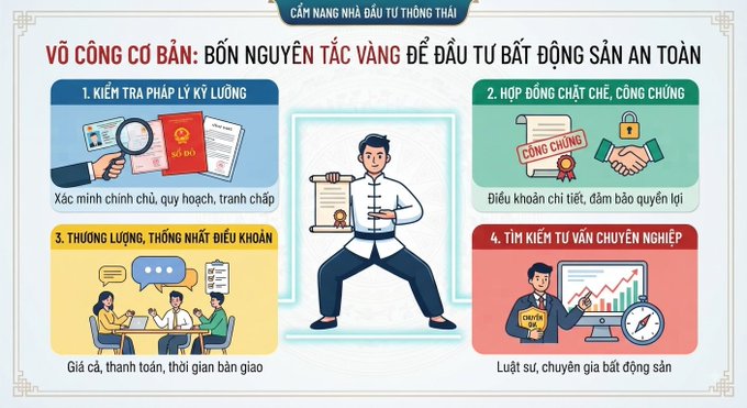An infographic in Vietnamese titled 'VỔ CÔNG CƠ BẢN: BỐN NGUYÊN TẮC VÀNG ĐỂ ĐẦU TƯ BẤT ĐỘNG SẢN AN TOÀN' outlining four golden rules for safe real estate investment: legal checks, contracts, negotiation terms, and seeking professional advice.