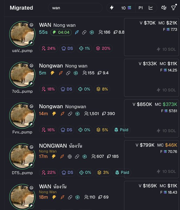 A dark-themed crypto dashboard titled "Migrated" displays five token listings with the ticker "wan," featuring $70K, $133K, $850K, $799K, and $169K volume values respectively, each showing duplicate or nonsensical names like "WAN Nong wan," "Nongwan Nongwan," and "NONGWAN ห้องวัน." The repetitive Thai characters and low market caps ($11K-$46K) illustrate the chaos of memecoin selection highlighted in the post.