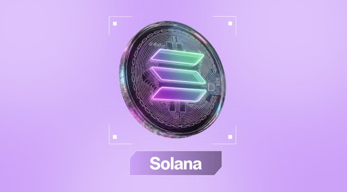 A glowing Solana (SOL) token is centered against a purple gradient background, framed by viewfinder-style brackets with a "Solana" label displayed below. The futuristic, tech-inspired design of the coin visually reinforces the post's message about long-term, disciplined investment in Solana through dollar-cost averaging.
