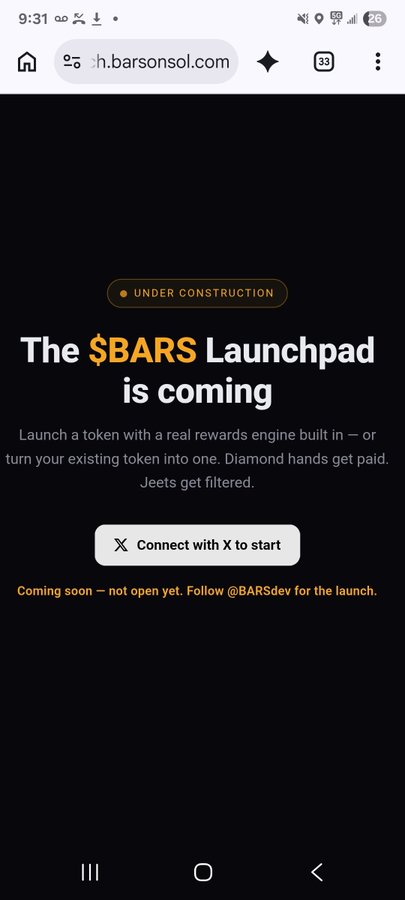 Mobile screenshot of h.barsonsol.com showing a 'BARS Launchpad is coming' announcement with an 'UNDER CONSTRUCTION' badge and a 'Connect with X to start' button.